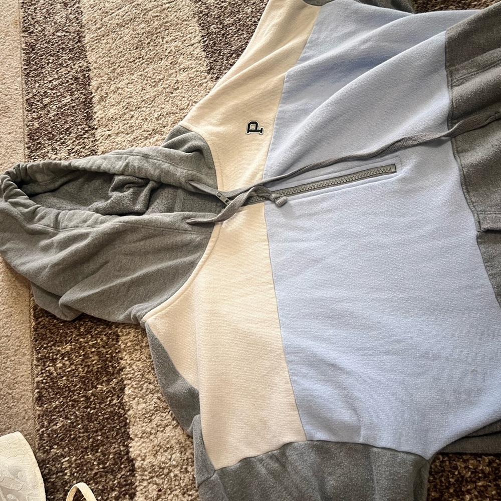 PINK pullover, blue, cream and grey pullover. SIZE: MEDIUM